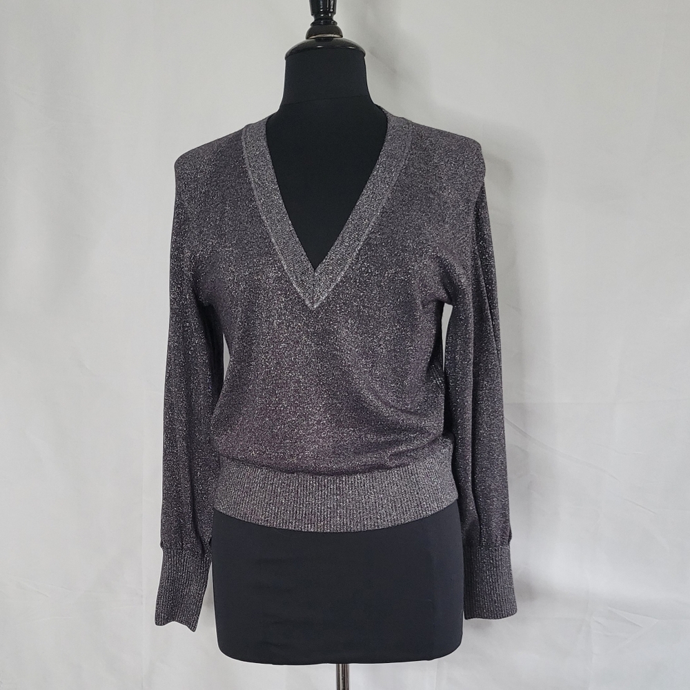 White + Warren Charcoal Lurex V-neck Ribbed cuff & hem Long sleeve sweater small